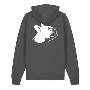 White outline illustration of the head of a Boston Terrier on the back of an anthracite grey unisex Hoodie