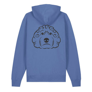 Black outline illustration of the head of a Cockapoo on the back of a bright blue unisex Hoodie
