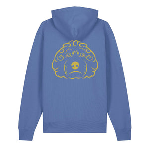 Gold outline illustration of the head of a Cockapoo on the back of a bright blue unisex Hoodie