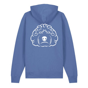 White outline illustration of the head of a Cockapoo on the back of a bright blue unisex Hoodie