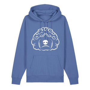 White outline illustration of the head of a Cockapoo on the front of a bright blue unisex Hoodie
