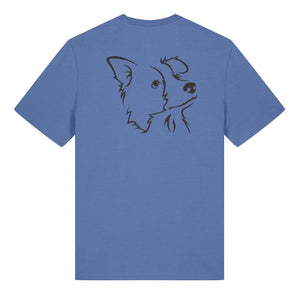 Black outline illustration of the head of a Border Collie on the back of a bright blue unisex t-shirt