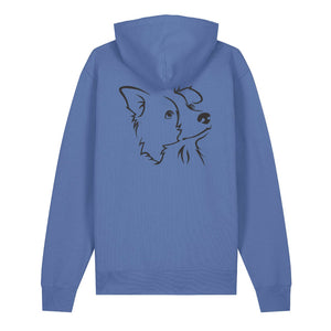 Black outline illustration of the head of a Border Collie on the back of a bright blue unisex Hoodie