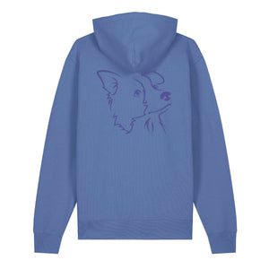 Blue outline illustration of the head of a Border Collie on the back of a bright blue unisex Hoodie
