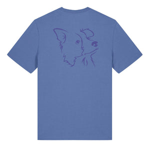 Blue outline illustration of the head of a Border Collie on the back of a bright blue unisex t-shirt