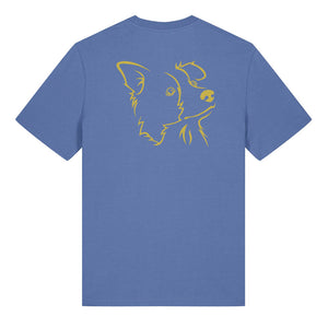 Gold outline illustration of the head of a Border Collie on the back of a bright blue unisex t-shirt
