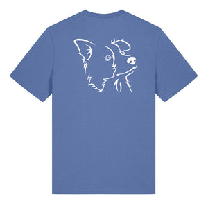 White outline illustration of the head of a Border Collie on the back of a bright blue unisex t-shirt
