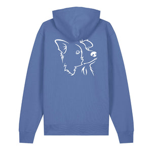 White outline illustration of the head of a Border Collie on the back of a bright blue unisex Hoodie