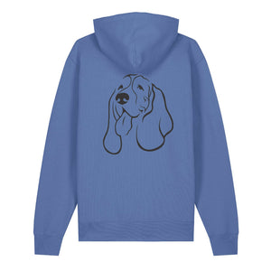 Black outline illustration of the head of a Basset Hound on the back of a bright blue unisex Hoodie