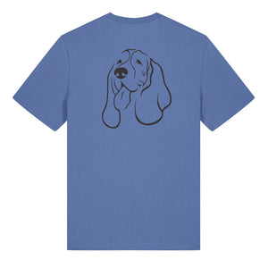 Black outline illustration of the head of a Basset Hound on the back of a bright blue unisex t-shirt