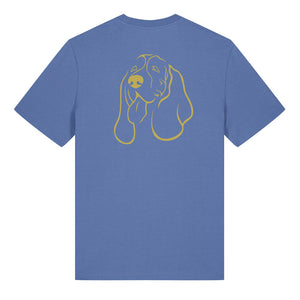 Gold outline illustration of the head of a Basset Hound on the back of a bright blue unisex t-shirt