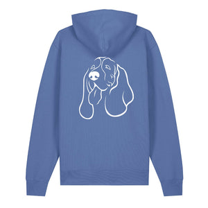 White outline illustration of the head of a Basset Hound on the back of a bright blue unisex Hoodie