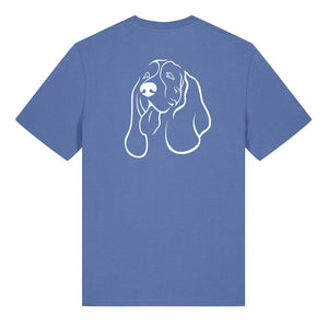 White outline illustration of the head of a Basset Hound on the back of a bright blue unisex t-shirt
