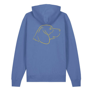 Gold outline illustration of the head of a Beagle on the back of a bright blue unisex Hoodie