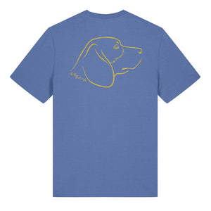 Gold outline illustration of the head of a Beagle on the back of a bright blue unisex t-shirt