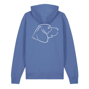 White outline illustration of the head of a Beagle on the back of a bright blue unisex Hoodie
