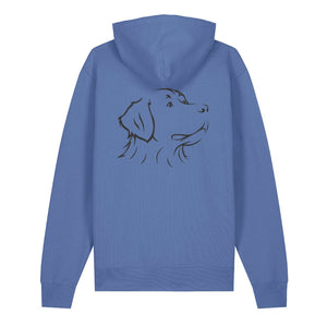 Black outline illustration of the head of a Bernese Mountain Dog on the back of a bright blue unisex Hoodie