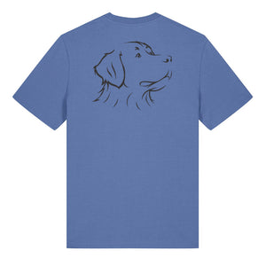 Black outline illustration of the head of a Bernese Mountain Dog on the back of a bright blue unisex t-shirt