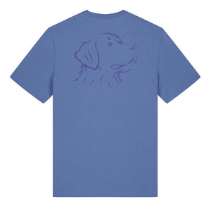 Blue outline illustration of the head of a Bernese Mountain Dog on the front of a bright blue unisex t-shirt