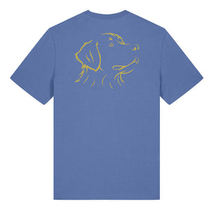Gold outline illustration of the head of a Bernese Mountain Dog on the back of a bright blue unisex t-shirt