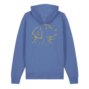 Gold outline illustration of the head of a Bernese Mountain Dog on the back of a bright blue unisex Hoodie