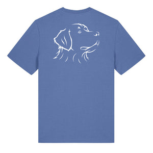 White outline illustration of the head of a Bernese Mountain Dog on the back of a bright blue unisex t-shirt