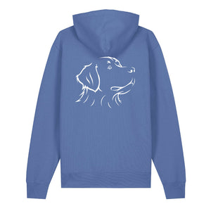 White outline illustration of the head of a Bernese Mountain Dog on the back of a bright blue unisex Hoodie