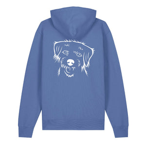 White outline illustration of the head of a Border Terrier on the back of a bright blue unisex Hoodie