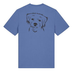 Black outline illustration of the head of a Border Terrier on the back of a bright blue unisex t-shirt