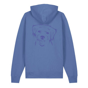 Blue outline illustration of the head of a Border Terrier on the back of a bright blue unisex Hoodie