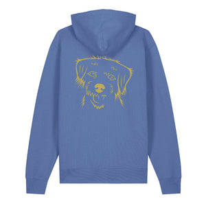 Gold outline illustration of the head of a Border Terrier on the back of a bright blue unisex Hoodie
