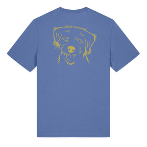 Gold outline illustration of the head of a Border Terrier on the back of a bright blue unisex t-shirt