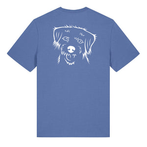 White outline illustration of the head of a Border Terrier on the back of a bright blue unisex t-shirt