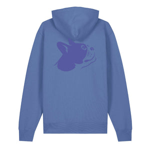 Blue outline illustration of the head of a Boston Terrier on the back of a bright blue unisex Hoodie