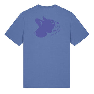 Blue outline illustration of the head of a Boston Terrier on the back of a bright blue unisex t-shirt