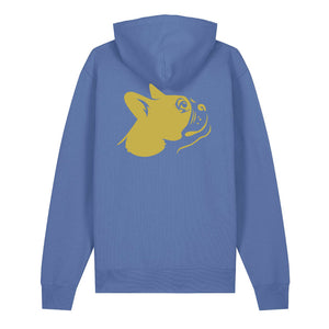 Gold outline illustration of the head of a Boston Terrier on the back of a bright blue unisex Hoodie