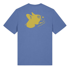 Gold outline illustration of the head of a Boston Terrier on the back of a bright blue unisex t-shirt
