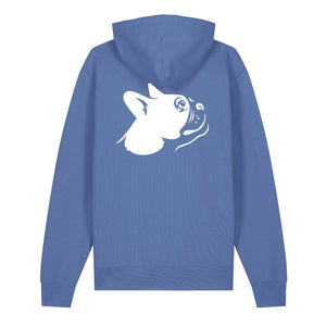 White outline illustration of the head of a Boston Terrier on the back of a bright blue unisex Hoodie