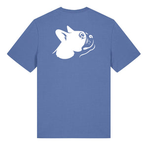 White outline illustration of the head of a Boston Terrier on the back of a bright blue unisex t-shirt