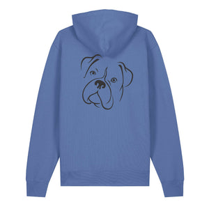 Black outline illustration of the head of a Boxer on the back of a bright blue unisex Hoodie
