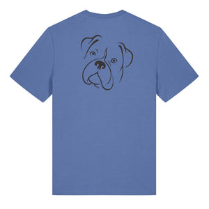 Black outline illustration of the head of a Boxer on the back of a bright blue unisex t-shirt