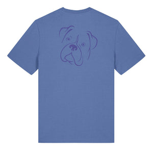 Blue outline illustration of the head of a Boxer on the back of a bright blue unisex t-shirt