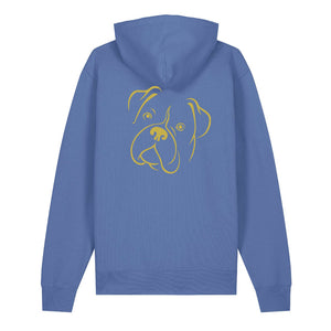 Gold outline illustration of the head of a Boxer on the back of a bright blue unisex Hoodie