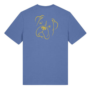 Gold outline illustration of the head of a Boxer on the back of a bright blue unisex t-shirt