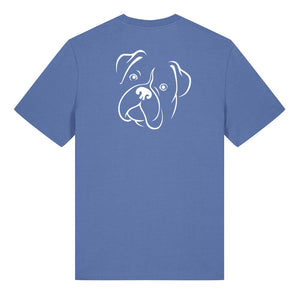 White outline illustration of the head of a Boxer on the back of a bright blue unisex t-shirt