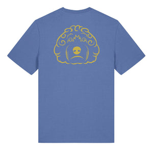 Gold outline illustration of the head of a Cockapoo on the back of a bright blue unisex t-shirt