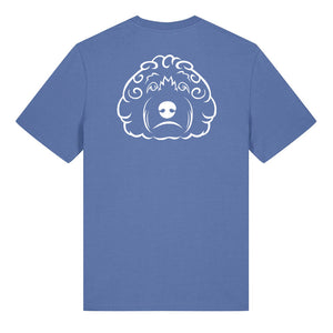 White outline illustration of the head of a Cockapoo on the back of a bright blue unisex t-shirt