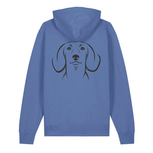 Black outline illustration of the head of a Dachshund on the back of a bright blue unisex Hoodie