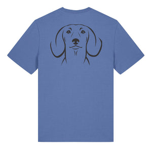 Black outline illustration of the head of a Dachshund on the back of a bright blue unisex t-shirt