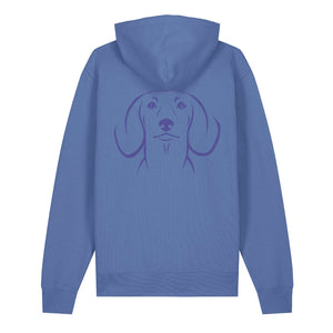 Blue outline illustration of the head of a Dachshund on the back of a bright blue unisex Hoodie
